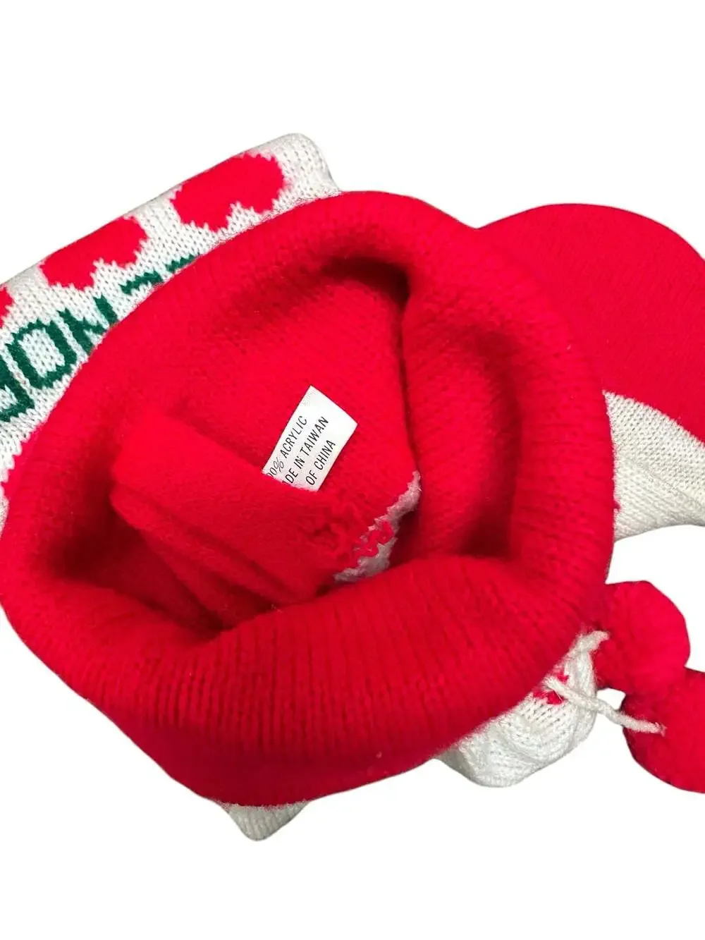 Vintage Knit Christmas Stocking Red and White with Teddy Bear Joy Noel Hearts an